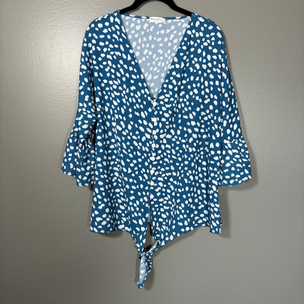 Kancystore Womens Blue Abstract Polka Dot Tie Front Top - Size Large - Boho Chic